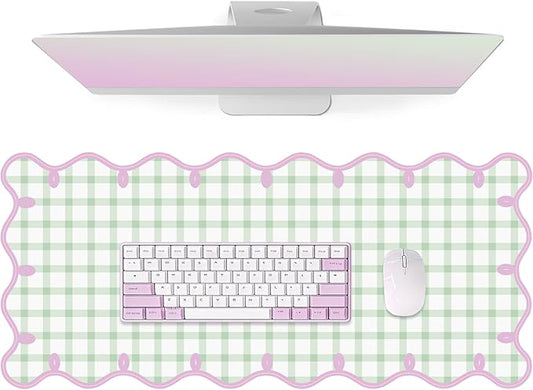 Leather Desk Pad, Desk Mat Mouse Pad, Non-Slip Mousepad Waterproof PU Table Cover Blotter for Computer Laptop Extra Large Keyboard Mat for Women Girl Office Home Dorm, Soft Pink + Green Checkered