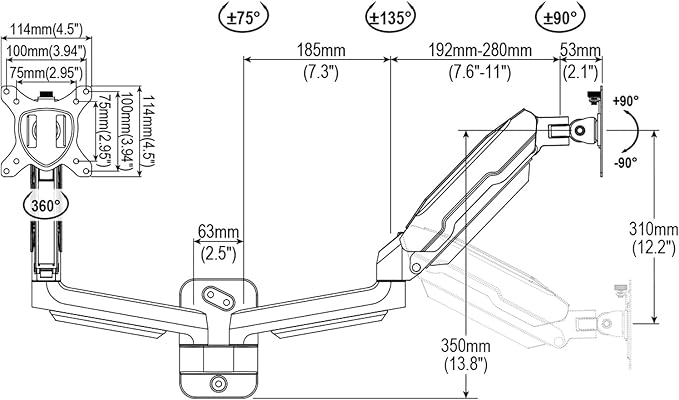 MOUNT PRO Dual Monitor Wall Mount for 13 to 32 Inch Computer Screens, Gas Spring Wall Monitor Arm for 2 Monitors, Each Holds Up to 19.8lbs, Adjustable Wall Monitor Mount with VESA 75x75/100x100, White