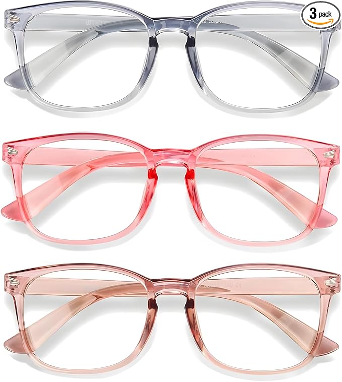Blue Light Glasses for Woman Men | 99% Blue Light Blocking Glasses for Computer Gaming TV Phone Screen Square Frame | Anti Eyestrain & UV Glare Protection - 3 Pair