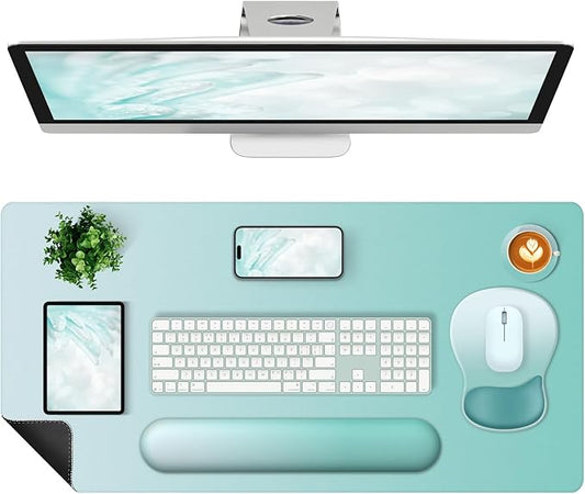 4-in-1 Large Gaming Mouse Pad, Keyboard Wrist Rest Pad & Wrist Support Mousepad Set, Extended Desk Pad Waterproof Desk Mat Protector for Home Office Decor Study Game 35.4×15.7 Inches I Mint Green