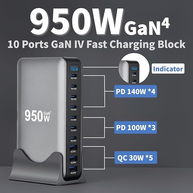 950W USB C Fast Charger Block, 10 Ports GaN IV Pro USB Chagring Station, 140W PD QC HUB for Multiple Devices, Laptop Adapter Compatible with MacBook Pro/Air iPad iPhone Pro Max, Galaxy, Dell, HP