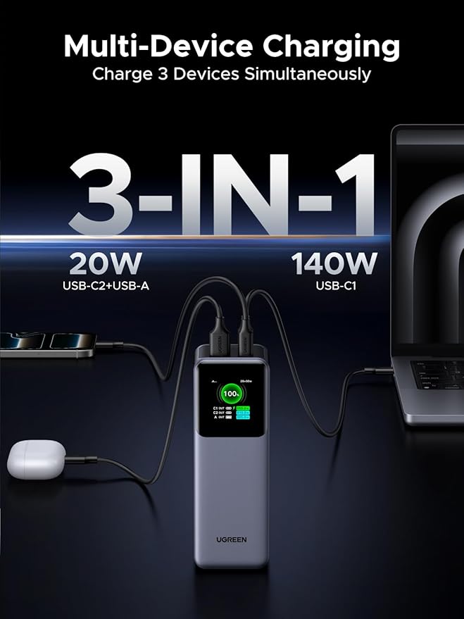 UGREEN Nexode Power Bank 25000mAh 200W Laptop Portable Charger PD 3.1 Fast Charging 90Wh 3-Port Battery Pack with TFT Smart Display for MacBook Pro/Air/ipad/iPhone 17/16/Samsung S26/Dell/HP and More