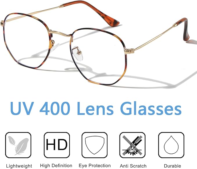 Hexagonal Metal Blue Light Blocking Glasses Anti Eye Strain for Digital Screens Lightweight Frame for Men Women