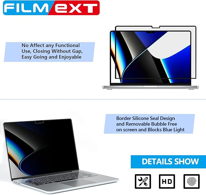 FILMEXT Privacy Screen for Macbook Pro 14 inch (2026-2021,M5 M4 M3 M2 M1), Removable Macbook pro 14.2" A3112 A3401 A2992 A2918 A2779 A2442 Privacy Laptop Screen Filter Anti-Spy/Anti-Glare/Eye Care