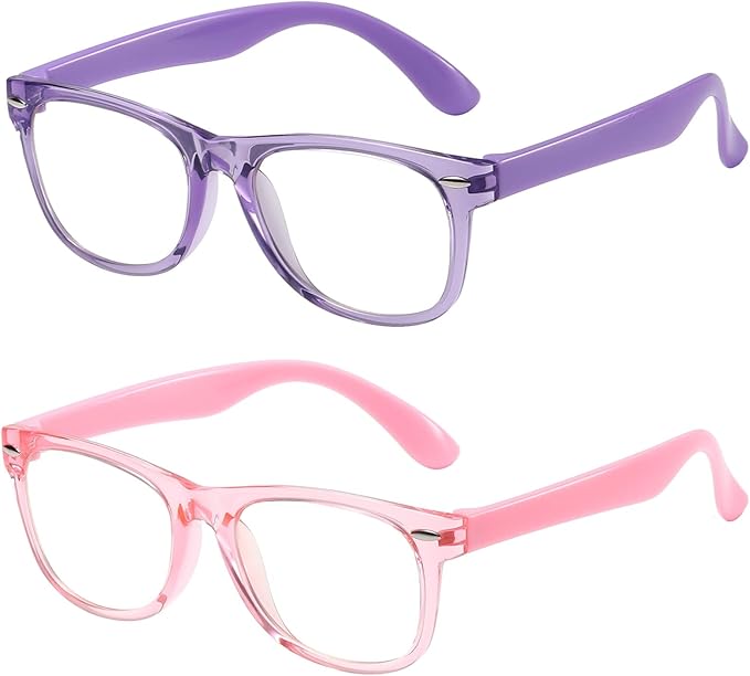 DYLB Kids Blue Light Blocking Glasses Girls Boys 2 Pack, Computer Glasses for Kids Girls Boys Age 3-10,Anti Blue Light & Headache (Transparent Purple + Transparent Pink)