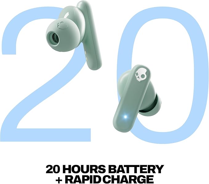 Skullcandy Smokin’ Buds Wireless Earbuds, Bluetooth Headphones, Noise Isolating Fit, Up to 20 Hours Battery, IPX4 Sweat and Water Resistant, Microphone for iPhone Android - Preppy Sage