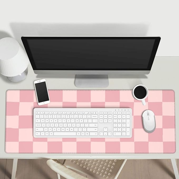 Pink Checkered Gaming Mouse Pad Desk Mat for Home and Office, Large Mousepad Extended Keyboard Pad Stitched Edge Accessories Decor