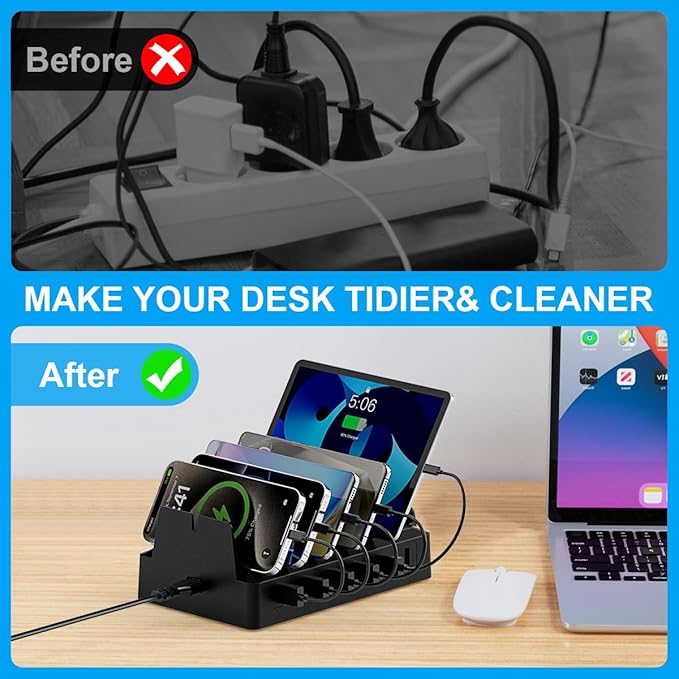 Charging Station for Multiple Devices, 6 Port USB Charger with Holder Stand and Cables for iPad, Apple, Android, Tablet, Office Desk Charging Dock Storage Organizer (White)