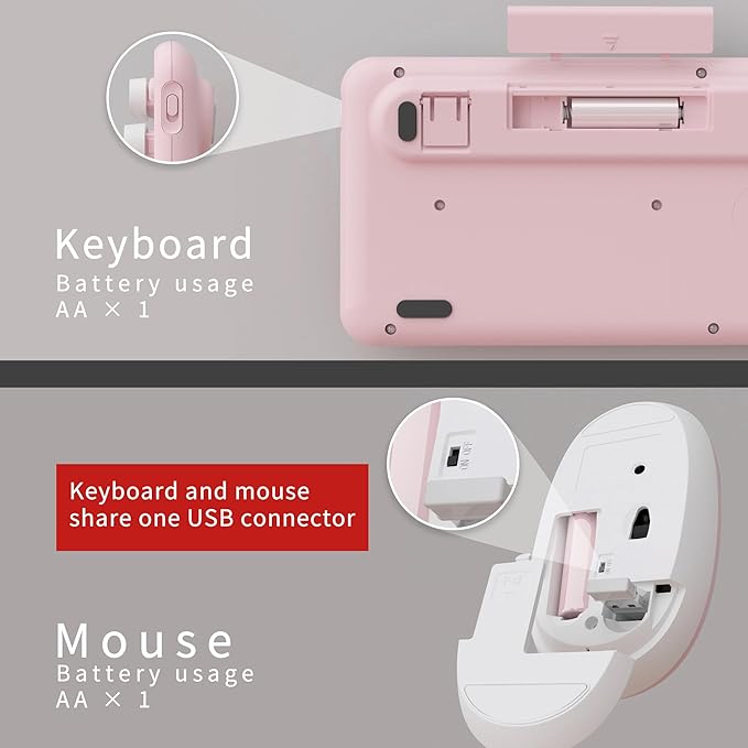 UBOTIE Colorful Computer Wireless Keyboard Mouse Combos, Typewriter Flexible Keys Office Full-Sized Keyboard, 2.4GHz Dropout-Free Connection and Optical Mouse (Pink-White)