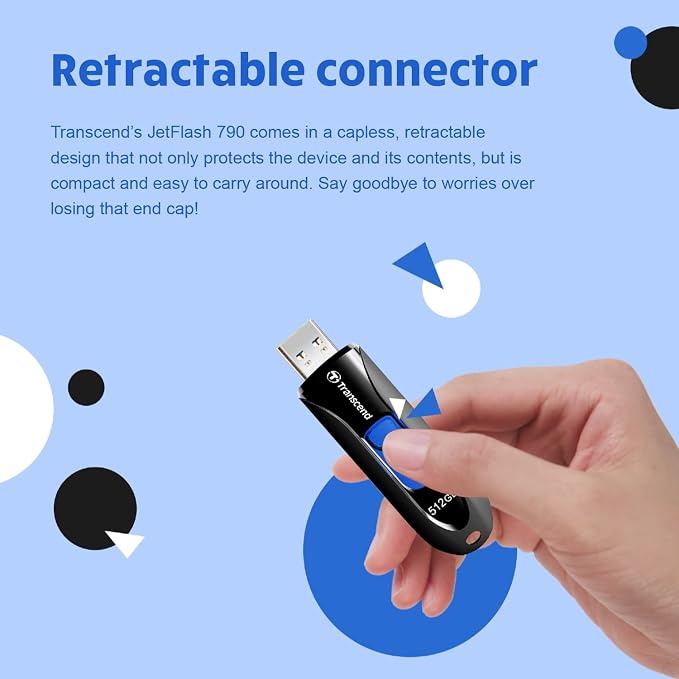 Transcend JF790 256GB USB Flash Drive, for PC/Mac/Laptop/Windows/Computer/Desktop/TV/Car Audio, USB3.2 Gen1 Memory Stick, Thumb Drives Data Storage w/Retractable Connector, USB2.0/3.0/3.1 Compatible - Image 3
