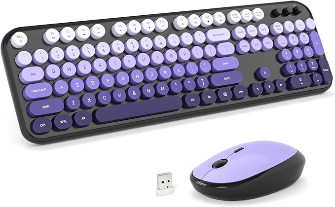 MOFII Wireless Keyboard and Mouse Combo, Full Size 2.4G Retro Round Computer Keyboard and Mouse Set, Plug and Play, for Windows, Computer, Desktop, PC, Notebook - (Black Purple Gradient)