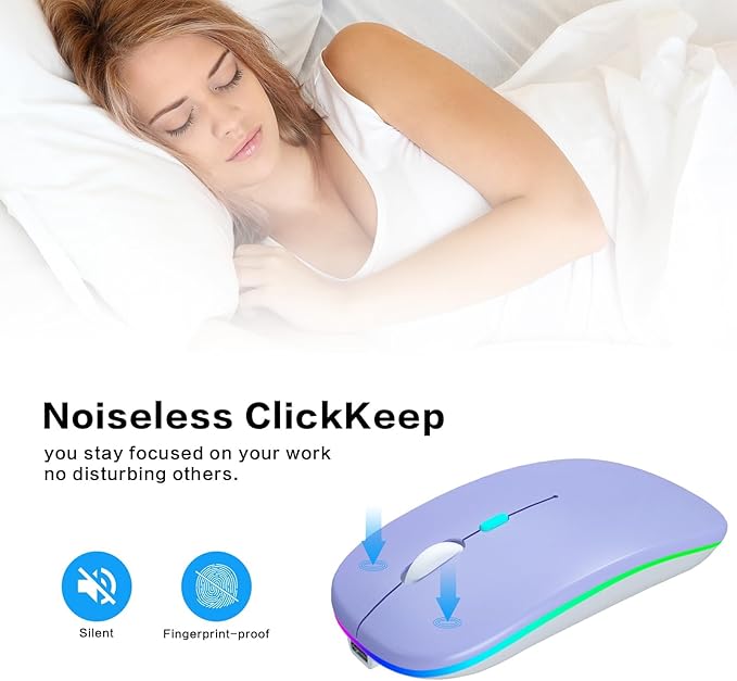 Wireless Bluetooth Mouse Rechargeable Laptop Mice with LED Use Portable(BT5.2 and USB 2.4G) Dual Mode Connection Silent Slim Computer Mouse for Laptop/iPad Tablet/Apple MacBook/PC (Purple)