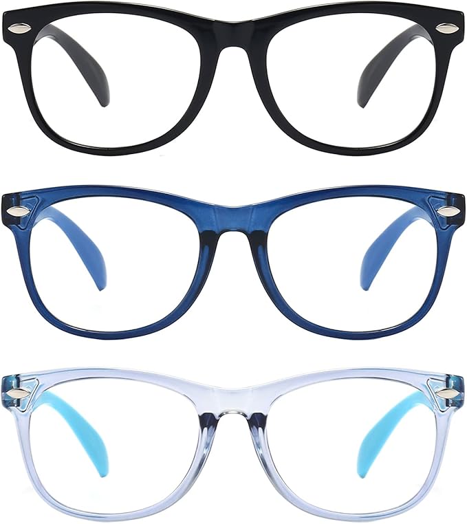 FANNYGO 3 Pack Kid Blue Light Glasses For Kids Girls Boys Computer Blue Light Kids Glasses Clear Glasses Age 3-9 (Black + Dark blue + Light blue)