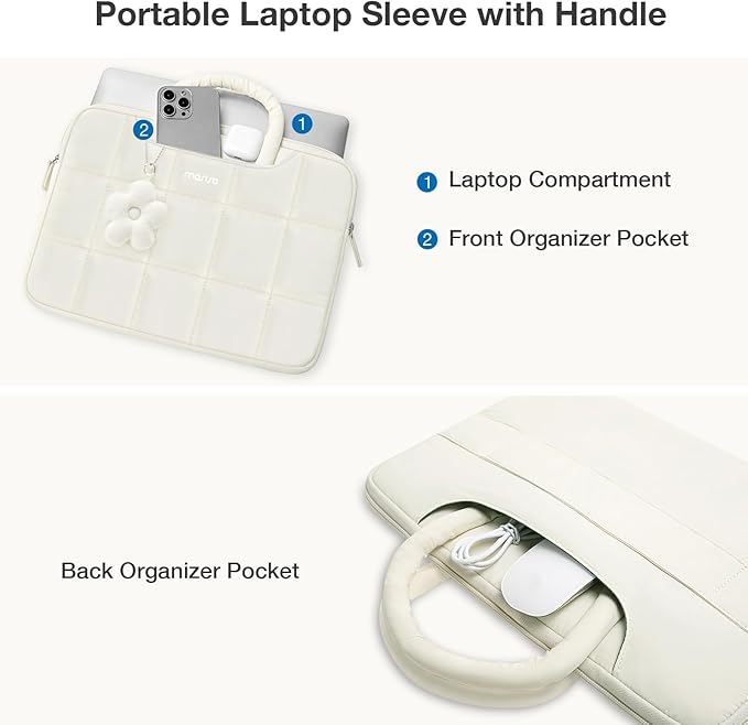 MOSISO Laptop Case 13.3 inch,13-13.3 inch Puffy Laptop Sleeve Compatible with MacBook Air 13 13.6/Pro/Neo 13/Pro 14,HP Dell ASUS Lenovo,Rectangle Quilted Bag with Handle&Flower Pendant, Sand