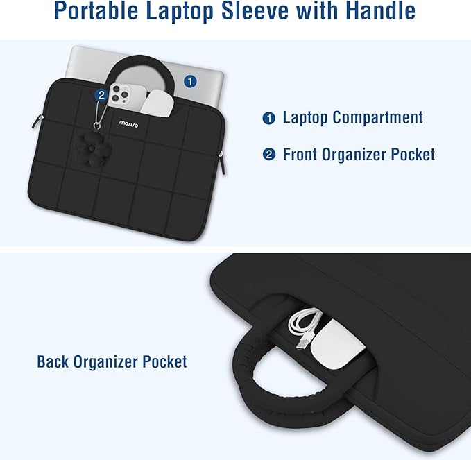 MOSISO Laptop Case 16 inch, 15-15.6 inch Puffy Laptop Sleeve Compatible with MacBook Pro 16 M5 M4 M3 M2 M1,HP Acer Dell Lenovo Notebook,Rectangle Quilted Bag with Handle&Flower Pendant, Black