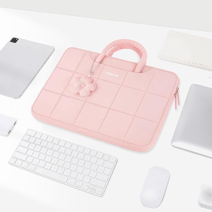 MOSISO Laptop Case 13.3 inch,13-13.3 inch Puffy Laptop Sleeve Compatible with MacBook Air 13 13.6/Pro/Neo 13/Pro 14,HP Dell ASUS Lenovo,Rectangle Quilted Bag with Handle&Flower Pendant, Pink