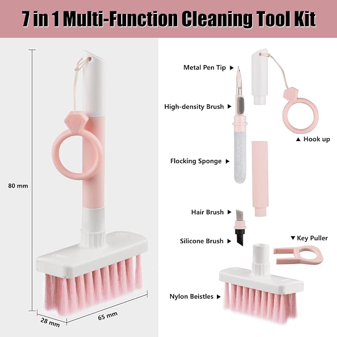 Soft Brush Keyboard Cleaner, Computer Cleaning Tool Kit, 7 in 1 Multipurpose Corner Slit Duster Keycap Puller and Soft Microfiber Brush for Bluetooth Headset Lego Airpods Laptop Camera Lens (Pink) - Image 3