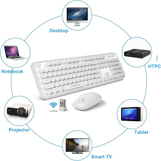 FOPETT Wireless Keyboard and Mouse Combo, 104 Keys Full-Sized 2.4 GHz Round Keycap Colorful Keyboards, USB Receiver Plug and Play, for Windows, Mac, PC, Laptop, Desktop (White)