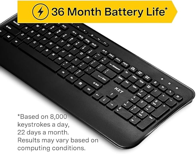 NXT Technologies Wireless Comfort Keyboard, Full‑Size with Wrist Rest, USB Receiver for PC and Laptop, Black