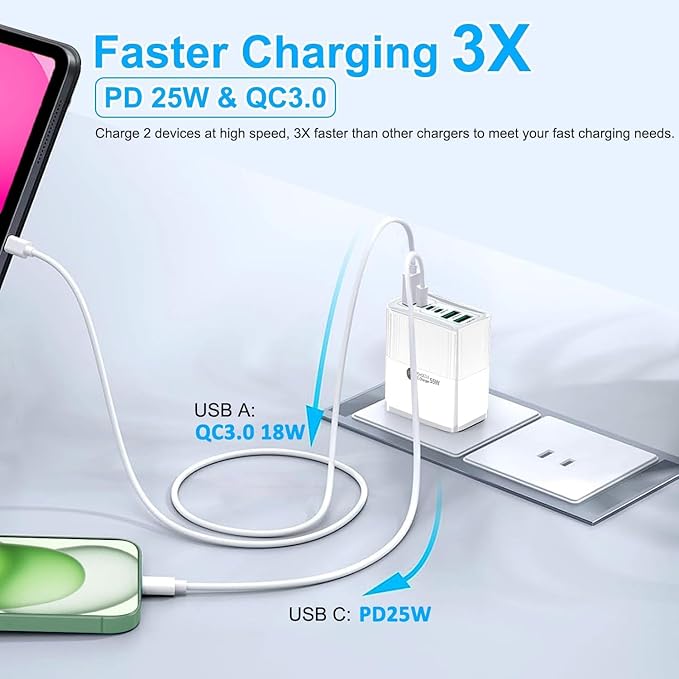 USB C Fast Charger 55W 6-Port Type C Wall Charger Block 55W USB-C Charging Station Power Adapter PD 25W QC3.0 Portable Type C Charging Block Cube for iPhones 15 14 12 Pro Max Pixel Note Galaxy Xiaomi