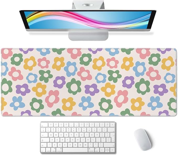 Vintage Groovy Flowers Desk Mat Large Gaming Mouse Pad XL Extended Mousepad Desk Pad Big Keyboard Pad Desktop Mouse Mat 31.5"x11.8" Deskmat for Gamers with Stitched Edges Non-Slip Rubber Base