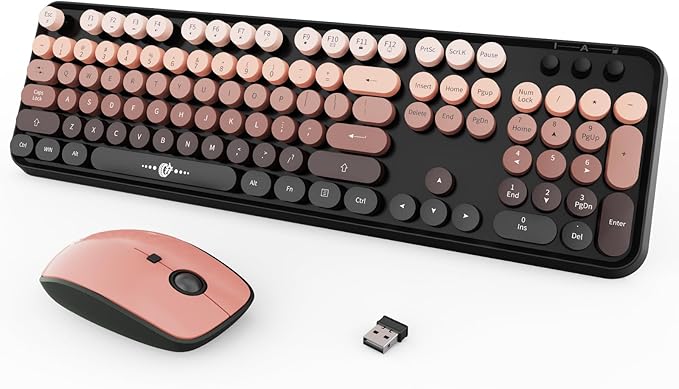 FOPETT Wireless Keyboard and Mouse Combo, 104 Keys Full-Sized 2.4 GHz Round Keycap Colorful Keyboards, USB Receiver Plug and Play, for Windows, Mac, PC, Laptop, Desktop (GradientPink)