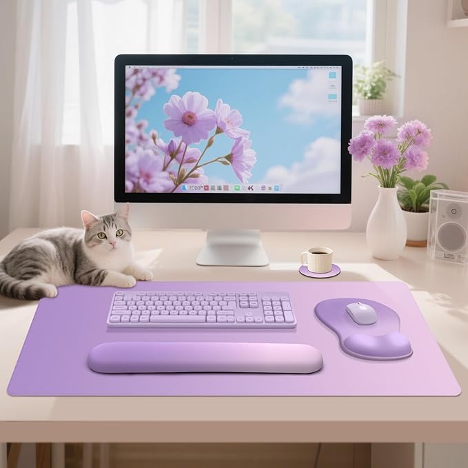 4-in-1 Large Gaming Mouse Pad, Keyboard Wrist Rest Pad & Wrist Support Mousepad Set, Extended Desk Pad Waterproof Desk Mat for Home Office Decor Study Game 35.4×15.7 Inches I Purple Pink Lavender