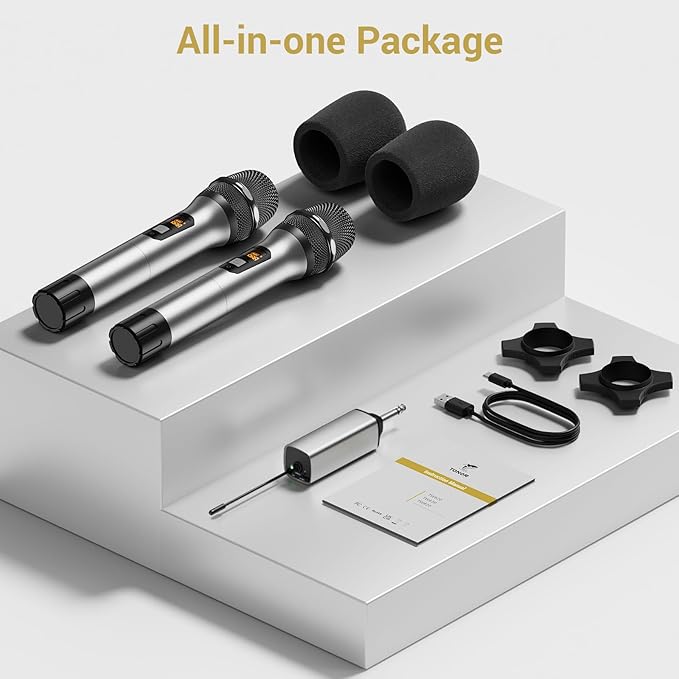 TONOR Wireless Microphones, 60 m/200ft UHF Dual Cordless Metal Dynamic Mic System with Receiver, Microfonos Inalambricos Professional for Karaoke Singing, Wedding, Party, Speech, Church, TW630 Silver