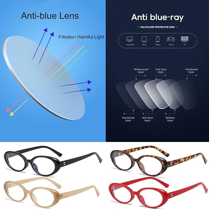 JOVAKIT Oval Blue Light Blocking Glasses for Women Men Vintage Fashion Small 90s Retro Oval Frame Style Eyeglasses