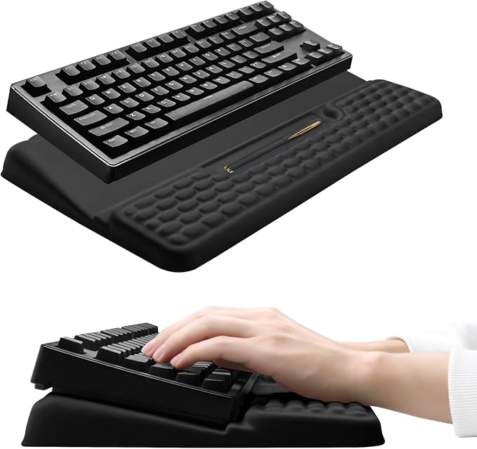 Ergonomic Keyboard Stand with Wrist Rest, Computer Wrist Support Pad, Tilted Keyboard Riser Holder Lift Tray with Wrist Pad, Easy Typing, Comfy Soft Memory Foam Desk Cushion for Office (03- Black)