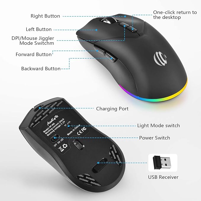 Wireless Bluetooth Mouse, Rechargeable USB Optical Mouse, 3 Adjustable DPI, LED Silent Dual Mode(Bluetooth 5.2 and 2.4G) Wireless Mouse for Laptop, PC, Mac???Ipad???Wide Compatibility. (Black)