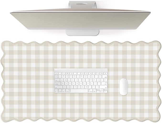 Scalloped‌ Beige Checkered Gingham Desk Mat Cute Pastel Large Mouse Pad Kawaii Cottagecore ‌Vintage‌ Rustic Keyboard Pad Computer Mat for Desktop Aesthetic Cozy Office Desk Decor