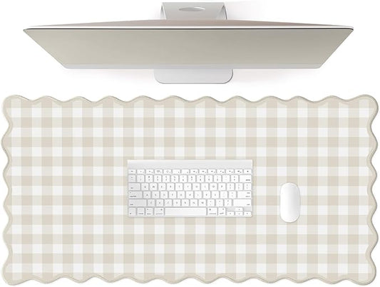 Scalloped‌ Beige Checkered Gingham Desk Mat Cute Pastel Large Mouse Pad Kawaii Cottagecore ‌Vintage‌ Rustic Keyboard Pad Computer Mat for Desktop Aesthetic Cozy Office Desk Decor