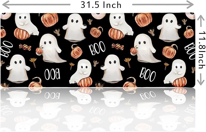 Boo Happy Halloween Large Mouse Pad, Cute Ghosts Black Desk Pad, Ripe Pumpkins Desk Mat, Computer Gaming Mouse Pad, Non-Slip Mousepad Playmat with Stitched Edges for Gamer Home & Office