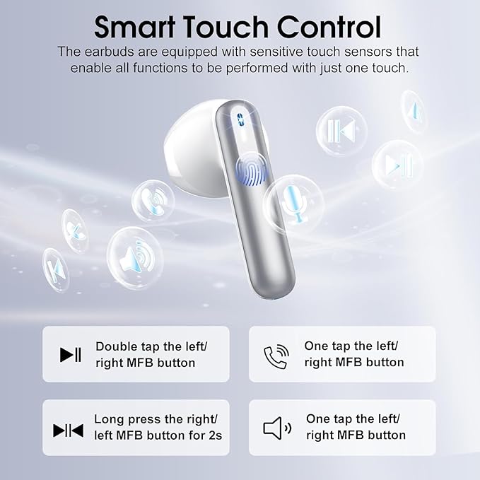 Wireless Earbuds, Bluetooth 5.4 Headphones with 3D Bass Stereo, Bluetooth Earbuds with 4 ENC Noise Cancelling Mic, 40H Ultralight In-Ear Buds USB-C, IP7 Waterproof Earphones for Android iOS, Silver