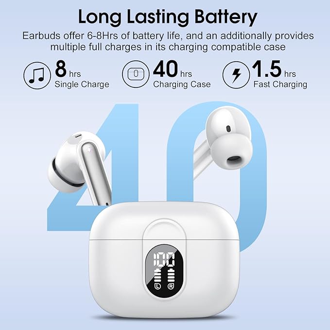 Wireless Earbuds, 2025 Bluetooth Headphones 5.3 HiFi Stereo Earphones, 40H Playtime in-Ear Earbud, Bluetooth Earbud with LED Power Display, IP7 Waterproof Earphones Sport Headset for Android iOS