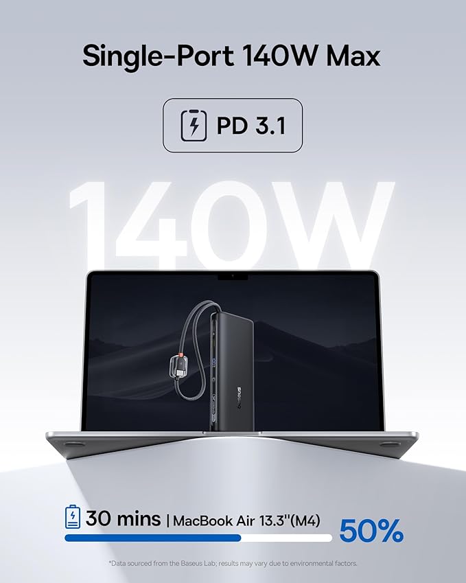 Baseus 25000mAh Power Bank, 140W Laptop Portable Charger with Dual Built-in USB-C Cables, PD3.1 Fast Charging Battery Pack for MacBook Pro/Air, iPhone 17/16/15/14, Galaxy S24, Steam Deck, iPad