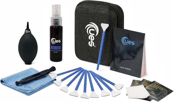 UES Professional Camera Cleaning Kit with Hard Travel Case - DSLR & Mirrorless Maintenance Bundle: 2-in-1 Lens & Sensor Cleaner, Air Blower, Pen, Microfiber Screen Cloths & 10 Full-Frame 24mm Swabs by UES