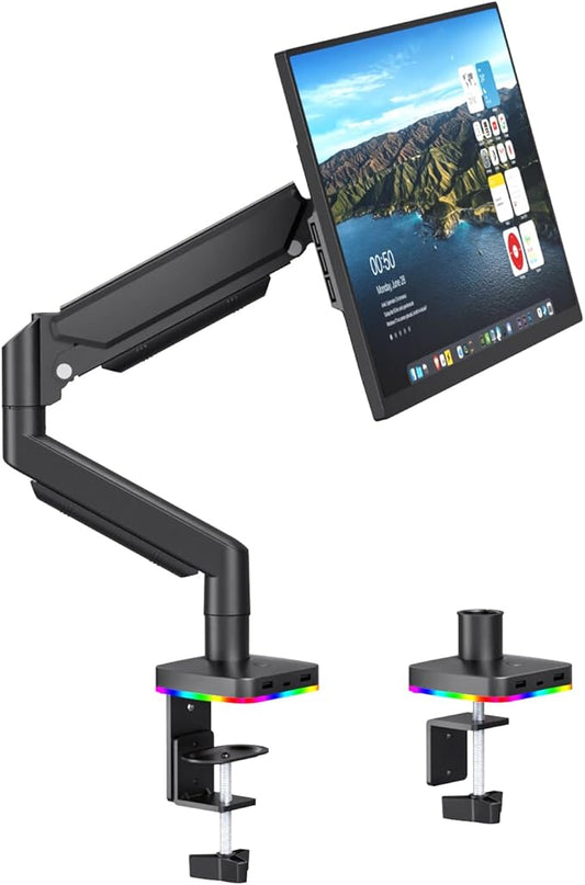 Afaloona RGB Single Monitor Stand, Gas Spring Monitor Arm with 3 USB Ports, Charging and USB Data Transfer Function, Desk Mount for 13"-32" Monitors up to 19.8lbs, Adjustable Height,Swivel,Rotate,Tilt