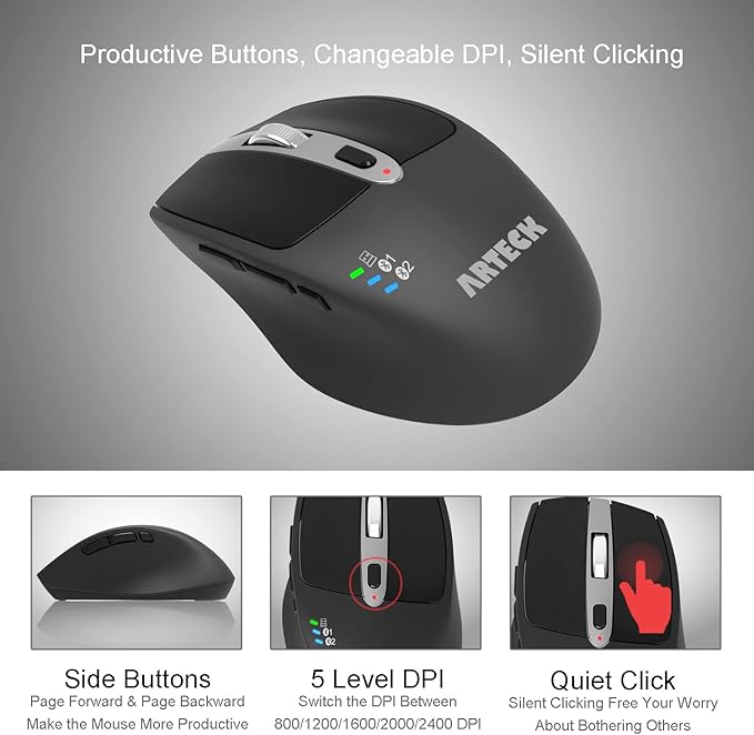 Arteck Wireless Bluetooth Mouse with Nano USB Receiver, Black, 4-Month Battery Life, Ergonomic Design