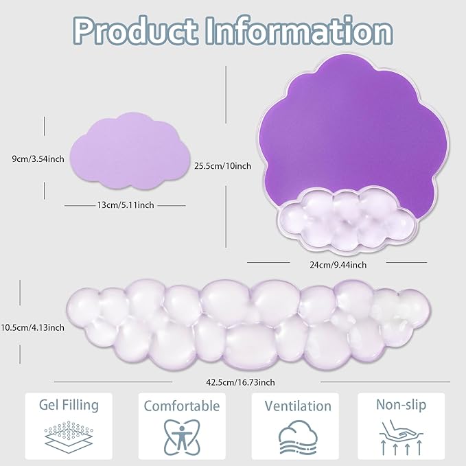 Purple Cloud Gel Wrist Rest for Keyboard and Mouse, Ergonomic Mouse Pad with Wrist Support Non-Slip Base for Typing Pain Relief/Computer/Laptop/Home/Office