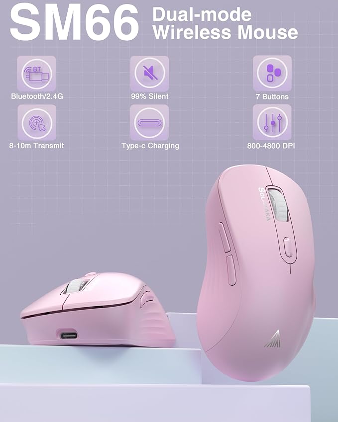 SOLAKAKA SM66 Pink Silent Dual Mode 2.4GHz Wireless Mouse, Adjustable 4200 DPI,Rechargeable Wireless Computer Mouse for PC Mac Laptop, Desktop