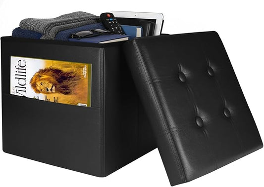 Bsketa Storage Ottoman Foot Rest Stool, Small Leather Storage Ottomans Bench, Folding Footstool with Side Pockets, Foot Rest Under Desk for Living Room Bedroom, 15x15x15 in, Black
