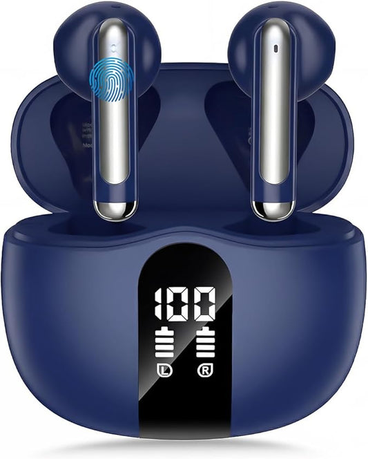 Wireless Earbuds, Bluetooth 5.4 Headphones HiFi Stereo, Ear Buds with 50H Playback, LED Display Wireless Earphones Clear Calls, IP7 Waterproof, Bluetooth Earbuds for Laptop/Phones/Sports, Navy Blue