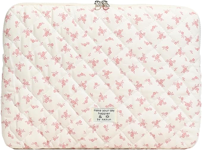 Puffy Laptop Sleeve Case Cute Computer Bag, 14 Inch Flower Printed Quilted Laptop Carrying Cases, Floral Pattern Protective Cover Accessories, Compatible with 13" 14" 15" Notebook