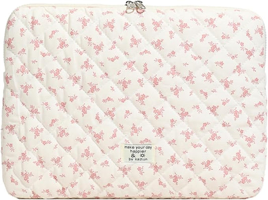 Puffy Laptop Sleeve Case Cute Computer Bag, 14 Inch Flower Printed Quilted Laptop Carrying Cases, Floral Pattern Protective Cover Accessories, Compatible with 13" 14" 15" Notebook