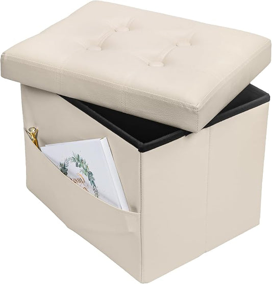 Bsketa Storage Ottoman Foot Rest Stool, Small Leather Storage Ottomans Bench, Folding Footstool with Side Pockets, Foot Rest Under Desk for Living Room Bedroom, 16x12x12 in, Beige