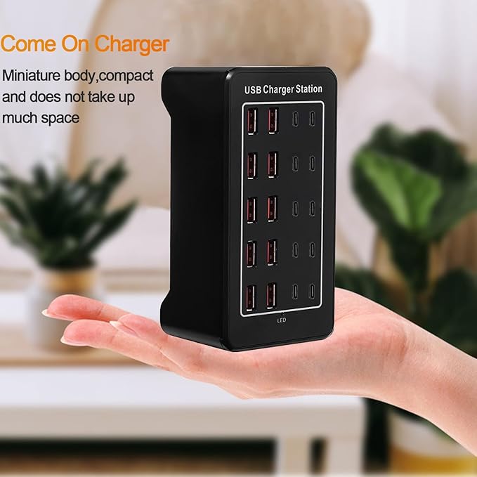 USB Charging Station, USB C Charger Block, 20Port (20A) Multiple Charging Hub Desktop 10 Port USB Charger Compatible for Apple iPhone, iPad, Samsung, Pixel, Cell Phone, Tablets, Office Home Use