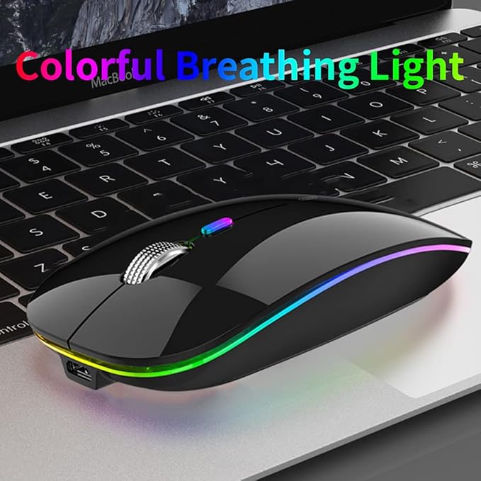 Uiosmuph LED Wireless Mouse, G12 Slim Rechargeable Silent Mouse, 2.4G Portable USB Optical Wireless Computer Mice with USB Receiver and Type C Adapter (Black)