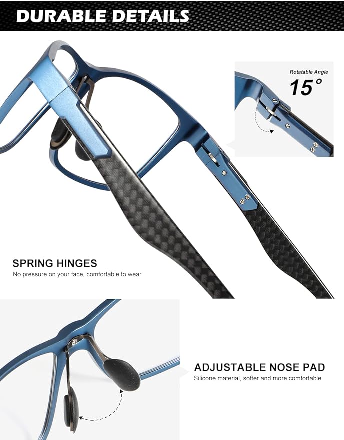 ANYLUV Carbon Fiber Reading Glasses for Men Women, Blue Light Blocking Computer Readers, Anti Glare Spring Hinge